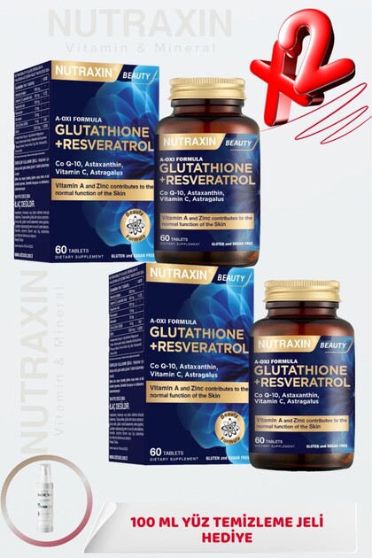 nutraxin glutathione resveratrol Nutraxin A-Oxi Formula Glutathione+Resveratrol 60 Tablet ( X2 ) + 100 ML Yüz Yıkama Jeli HEDİYE