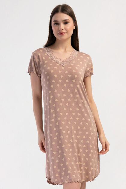 Women's Lace V-Neck Short Sleeve Dusty Pink Heart Patterned Nightgown Tunic C9T9N2904