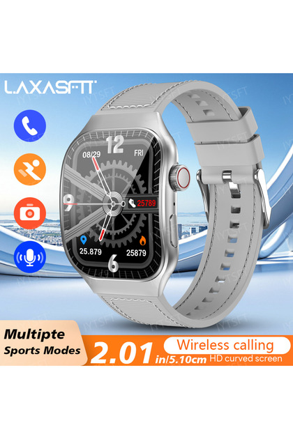Silvery LAXASFIT 2.01 Inch Curved Screen Men's Smart Watch Bluetooth 5.3 HD Call Multiple Sports Mod