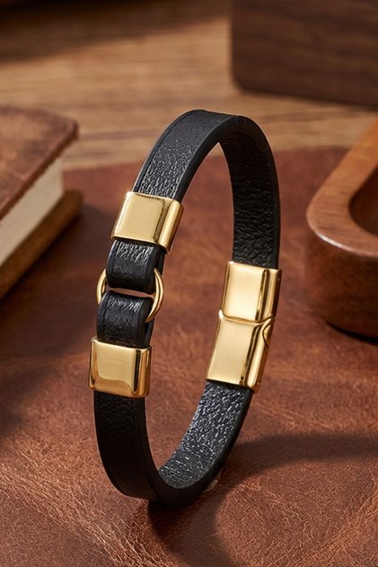 Men's Leather Bracelet Black Bukez Leather Bracelet with Yellow Gold Steel Ring Detail