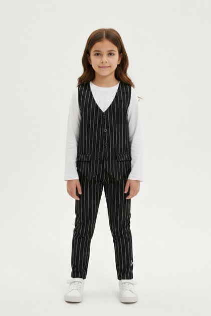 Girls' Stripe Patterned Trousers Buttoned Vest Classic Long Sleeve Blouse 3-Piece Set Relaxed Fit