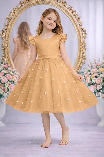 SUNEH Girl's Tan Ruffle Sleeve Satin Dress with Pearls Graduation Birthday  Evening Dress- Trendyol