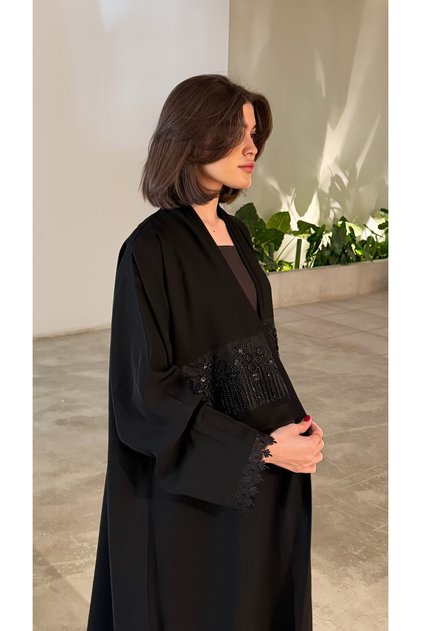 Layan Black Abaya with Elegant Embroidery – Women's Abaya with a Half-Circle Cut, Embroidered Sleeves, and Soft Crepe Fabric