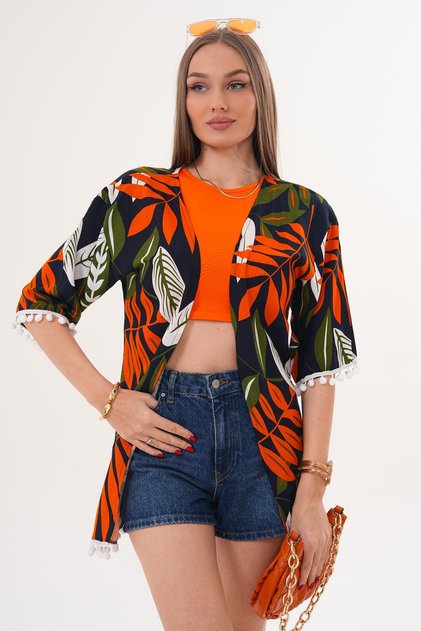 Women's Patterned Pompom Detailed Jacket - 260019