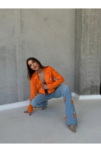 Ειδικά Σχεδιασμένο Mom Jeans με Λεπτομέρεια Φούντας από Εισαγόμενο Τζιν