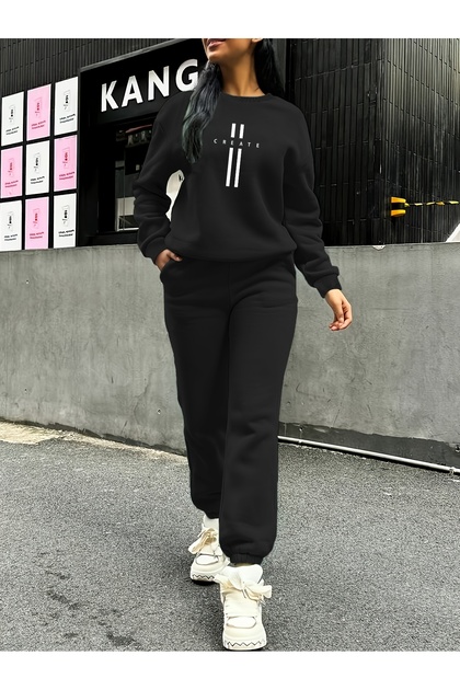 Kadın Baskılı Bisiklet Yaka Üst Jogger Alt Eşofman Takımı Oversize