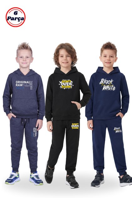 3-Piece Hooded Kangaroo Pocket Printed Detailed 6-Piece Boys' Tracksuit Set