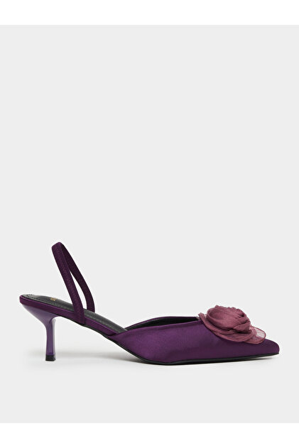 Purple Satin Slingback Shoes with Floral Detail