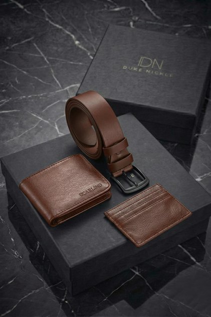 Men's Brown Leather Wallet Card Holder Belt Boxed Stylish Gift Set