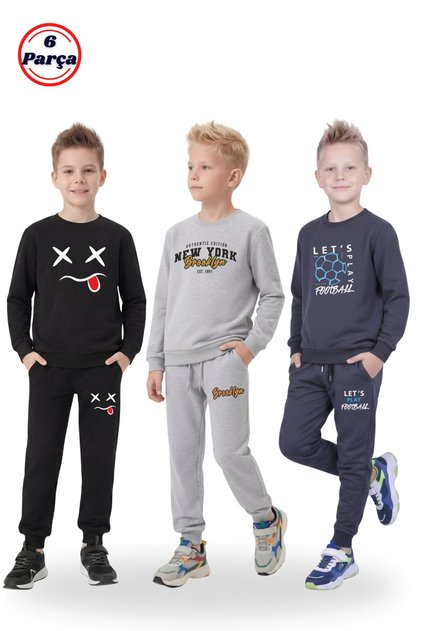 3-Piece Round Neck Print Detailed 6-Piece Boys' Tracksuit Set