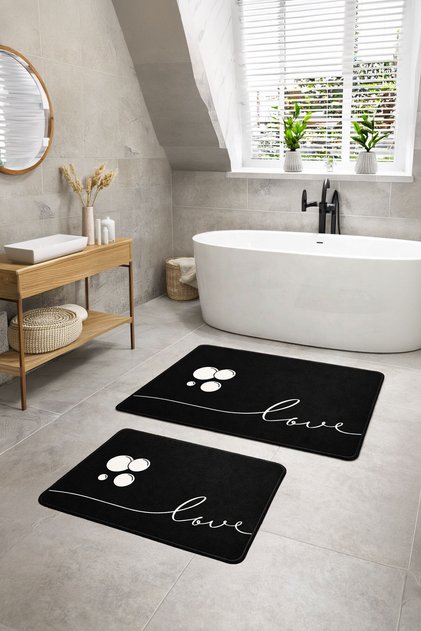 Digital Non-Slip Washable Double Love Black Bath Mat Bathroom Rug Bathroom Decor (40X60+60X90 cm)