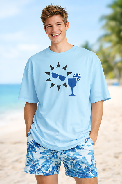 Sun and Goblet Printed Summer Themed Cotton Relaxed Fit Round Neck Unisex T-Shirt