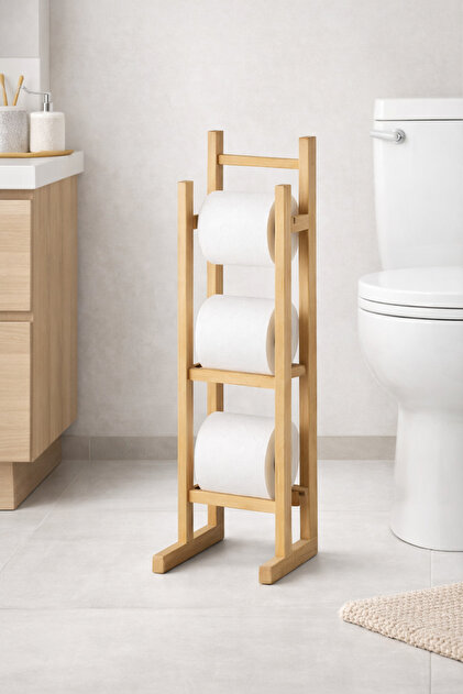 Bamboo Wooden Toilet Roll Holder with Refills Pedestal Wooden Bathroom Accessory Wc Paper Holder,Napkin Holder