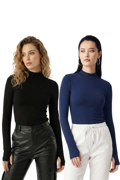 Women's 2-Piece Indigo & Black Finger-Detailed Semi-Turtleneck Blouse Opportunity Package