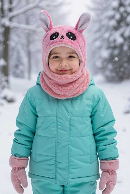 Girl's Earflap Beanie Neck Warmer Set – Cute Rabbit Pattern Fleece Winter Hat & Scarf, Ages 3-12