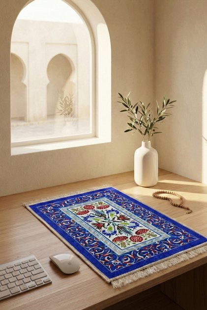 Bag Size Prayer Mat - Can Be Used as a Mouse Pad - 13 - Tile Pattern - Navy Blue, Red