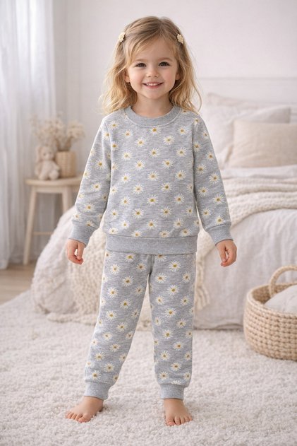 Girl's Two-Thread Threaded Gray Color Daisy Patterned Long Sleeve Pajama Set