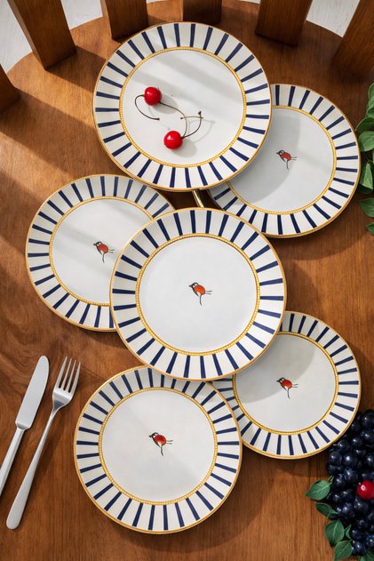 Set of 6 Blue Bird Patterned Cake-Dessert Presentation Plates | Fenomen Blue Colored Bird Patterned 6 Piece Cake Plates