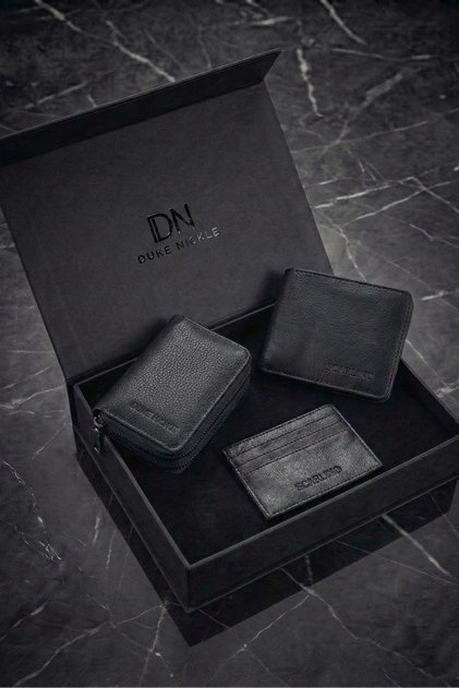 Men's Black Classic and Zippered Wallet Card Holder Set, Boxed Stylish Gift Set