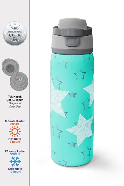 Turquoise Star Patterned Thermos with Straw and Direct Drinking Steel Thermos 800 ml 38593