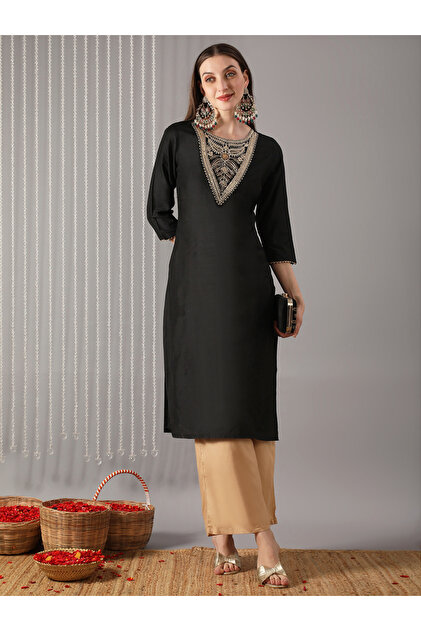 Women Black Round Neck Embroidered A-Line Kurta
