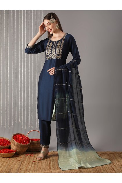 Women Blue Round Embroidered Yoke Kurta with Pant and Ombre Dupatta Set