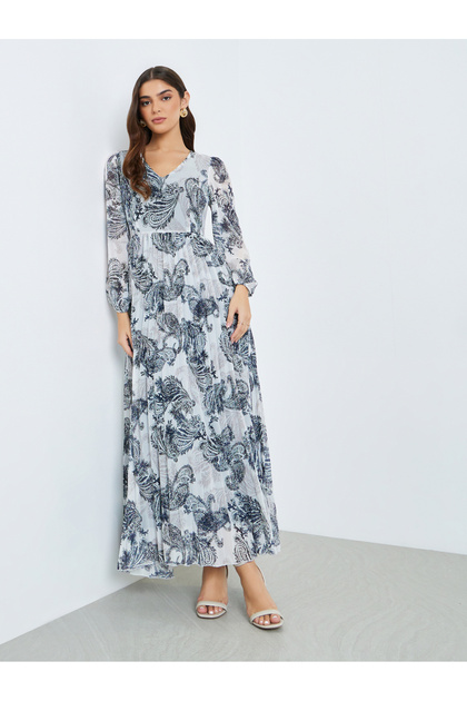 Women Navy Blue Floral Print A-Line Maxi Dress