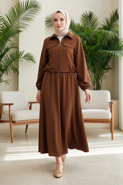 Zippered Waist, Elastic Sleeves, Dabl Fabric Double Set - Tan