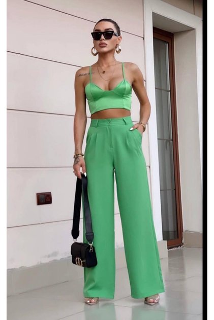 Women's Green High Waist Palazzo Pants with Pockets