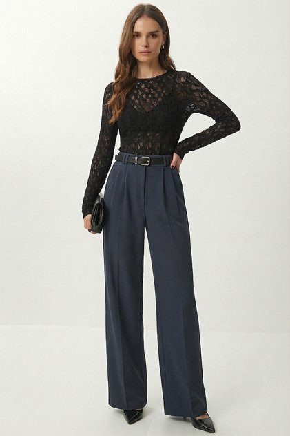 Belted Wide Leg Stretchy Knitted Trousers Lzv0045 Smoked