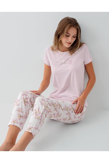 Women's 50% cotton 50% modal printed pajama set – short sleeve, long leg, soft texture, plus size option