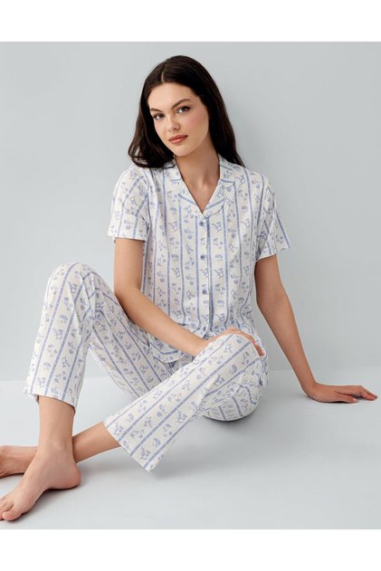 Women's 50% Cotton 50% Modal Buttoned Pajama Set – Short Sleeves, Long Pants, Soft Textured Loungewear
