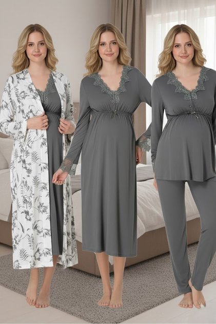 Women's Smoked Patterned Buttoned Design Long Sleeve Maternity Dressing Gown Nightgown Pajama Set