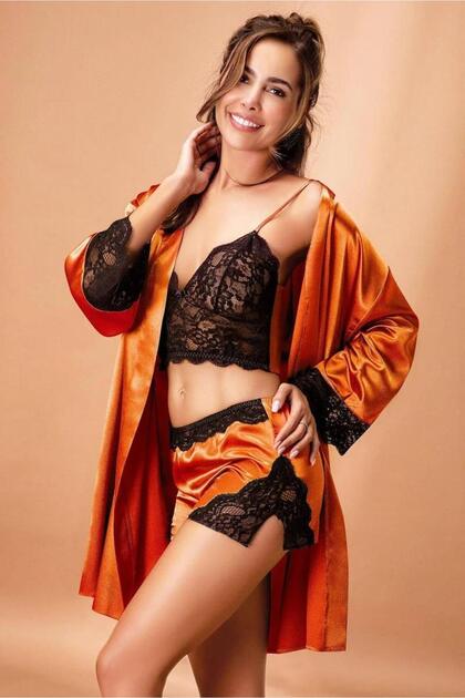 3509 Amber Lace 3-Piece Dressing Gown Bralet Shorts Set