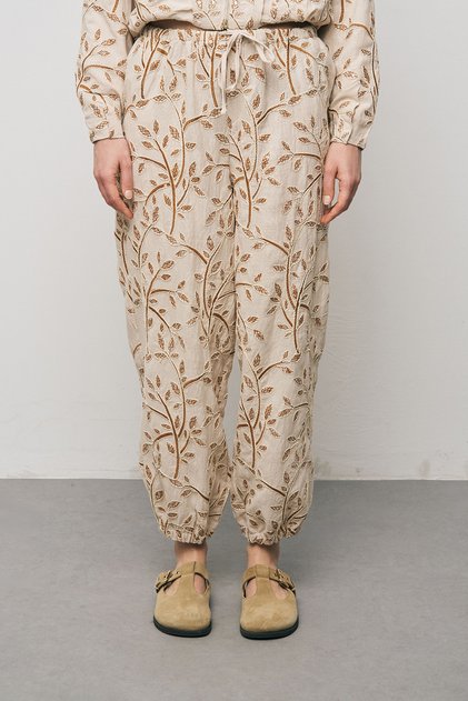 Women's Botanical Line Embroidered Waist Lace-Up Bohemian Trousers