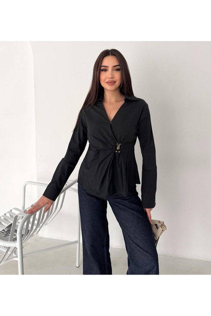 Double-Breasted Collared Shirt with Buckle