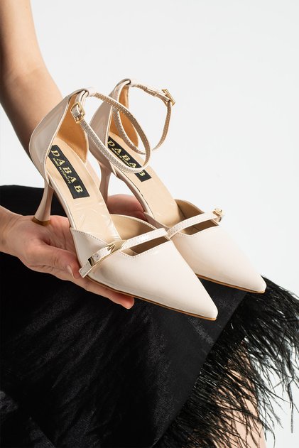 Elvora Women's Beige Pointed Toe 7 cm Thin Heeled Ankle Strap Buckle Patent Leather Classic Shoes
