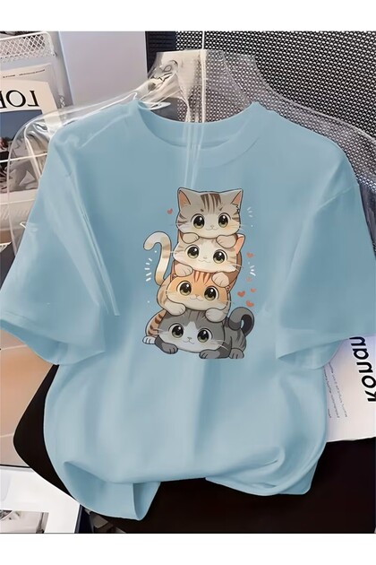 Cat Pattern Short Sleeve Round Neck T-Shirt, Loose Cut Thin, Trendy