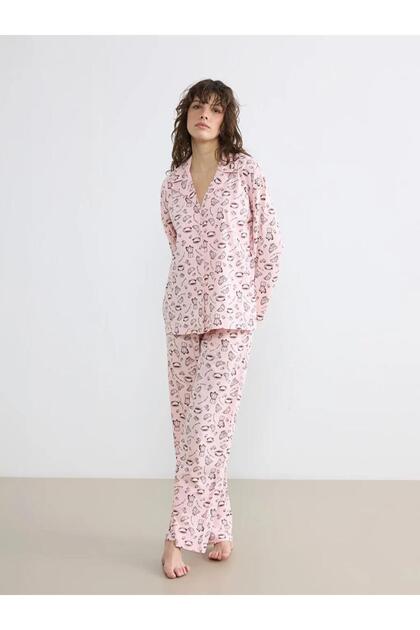 Pink Shirt Collar Patterned Women's Pajama Set (S6)