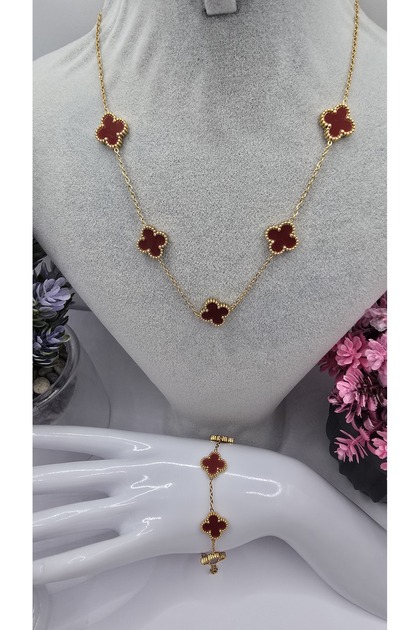 Büyük Boy Bordo Yonca Model Gold Renk Paslanmaz Çelik Kolye Bileklik Seti Kararmaz
