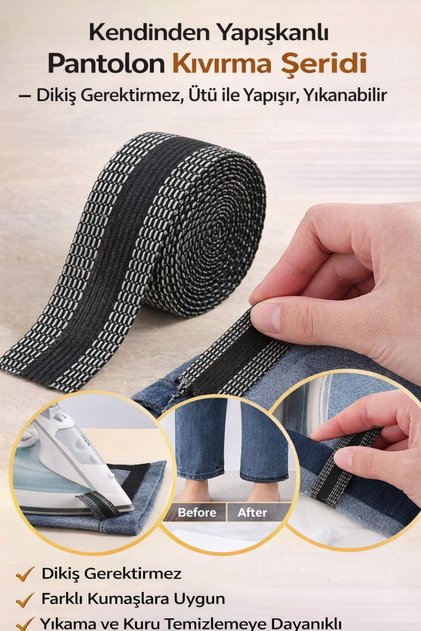 Kendinden Yapışkanlı Pantolon Kıvırma Şeridi – Dikiş Gerektirmez, Ütü ile Yapışır, Yıkanabilir