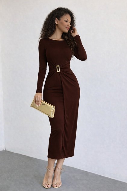 Draped Slits Sandy Dress with Waist Accessory Espp-58