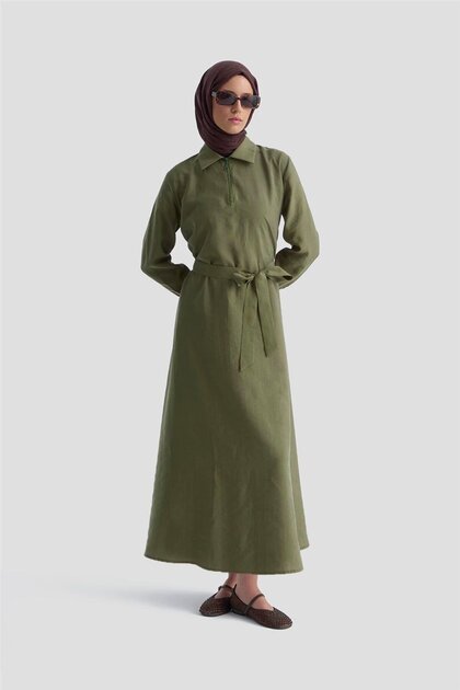 Zipper Detailed Dress 25Kd4006 Khaki