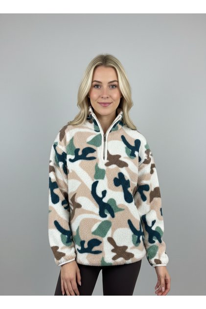 Doğal Kamuflaj Desenli Yarım Fermuarlı Kadın Polar Sweatshirt
