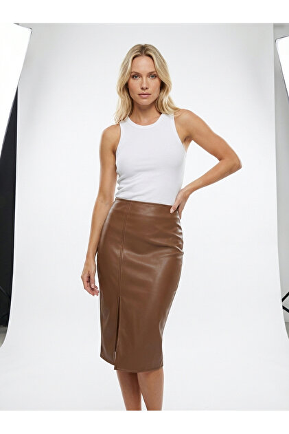 Women's Brown Side Slit Detailed Faux Leather Pencil Skirt Nj72