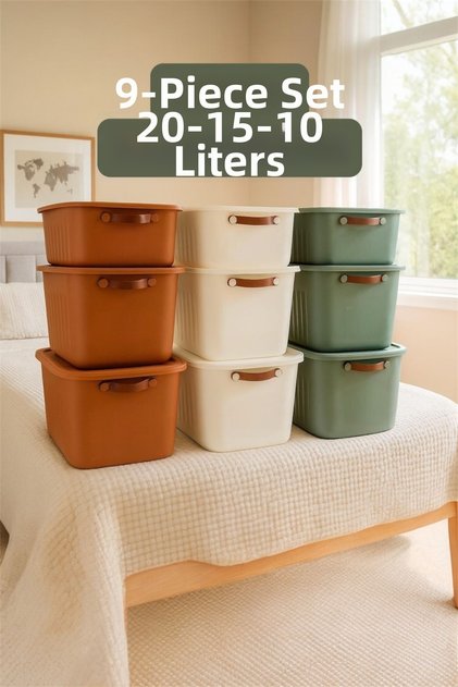 9'Lu Mix Boxsis Set 20-15-10 Liter Multi-Purpose Box with Lid, Closet Organizer, Organizer-Hobby Box