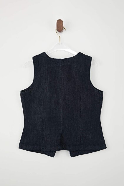 Trendyolmilla Koyu Mavi Düğme Detaylı Fitted 100% Pamuk Denim
