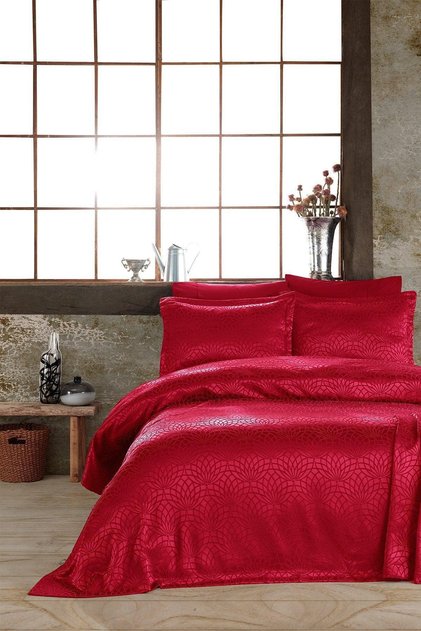 Garden Bedspread Set Double Jacquard Chenille Fabric (240X250 cm) Red