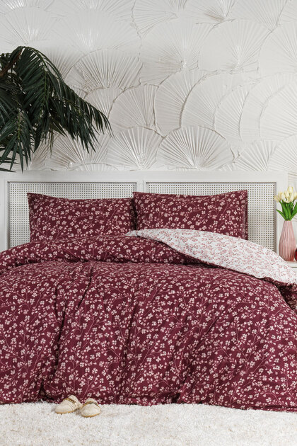 Jasmin Duvet Cover Set Double Size 100% Cotton Ranforce Fitted Sheet (200X220 cm) Burgundy