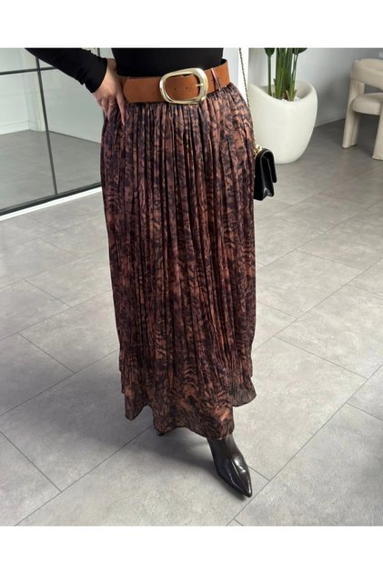Brown Patterned Pleated Skirt with Elastic Waist - 3375